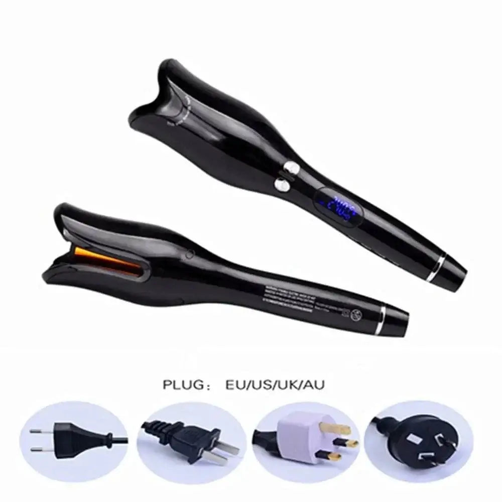 PowerCurl® Automatic Rotating Curling Iron showing design and multiple plug types for easy use.