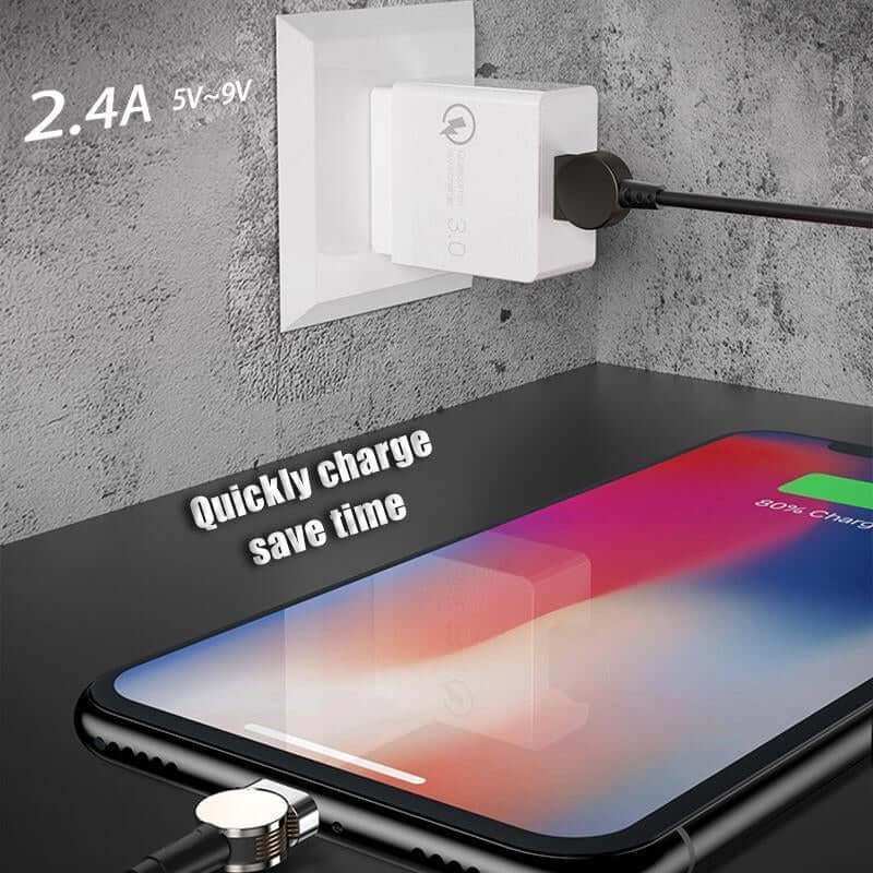 Fast magnetic charging cable connected to smartphone, displaying 2.4A power output and quick charge text.