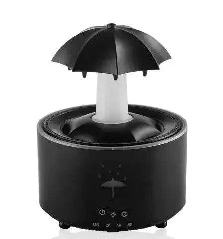 Rotating aroma humidifier with sleek black design and umbrella-like top.