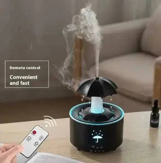 Rotating aroma humidifier with remote control, releasing calming mist in a stylish design.