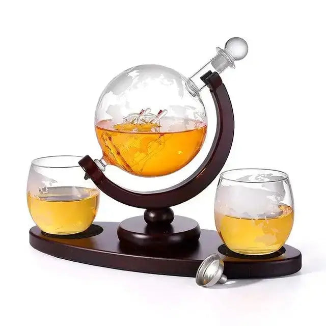Whiskey Decanter Globe Wine Aerator Glass Set with Fine Wood Stand and Intricate Motifs