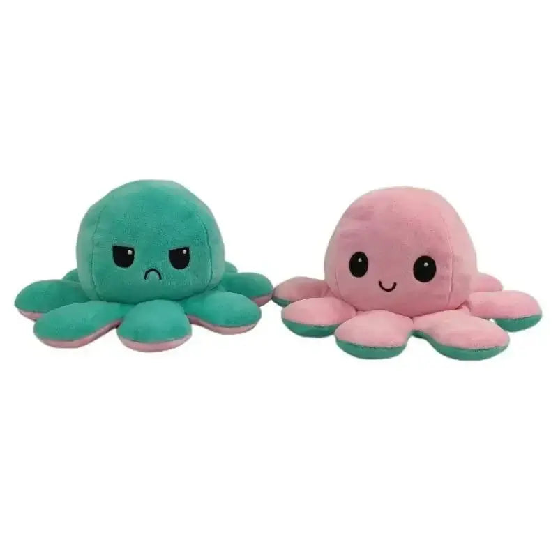 Double sided flip octopus plush toy with cute and angry expressions, soft and huggable stuffed animal for kids.