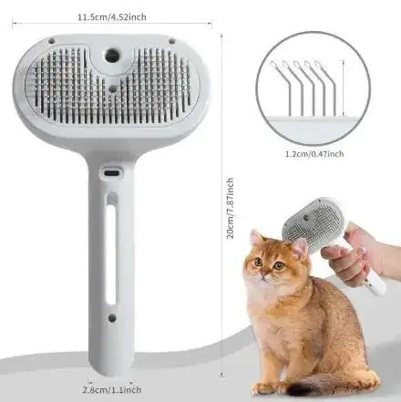 Steamy Brush Pet Spray for grooming, showing dimensions, soft bristles, and a cat during use.