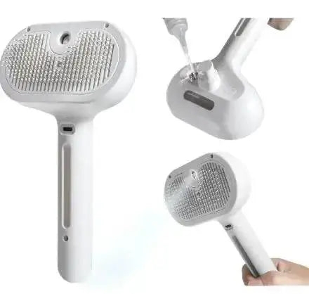 Steamy Brush Pet Spray for easy grooming, featuring misting function and soft bristles for cats and dogs.