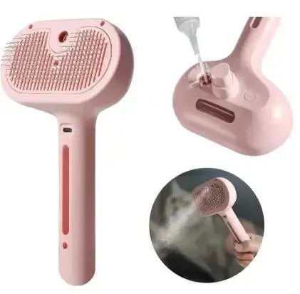 Steamy Brush Pet Spray in pink, featuring a misting function for easy grooming of pets with soft bristles.