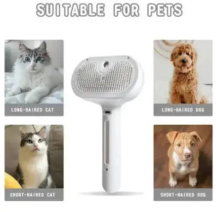 Steamy Brush Pet Spray for grooming long and short-haired dogs and cats, featuring a sleek design and built-in misting function.