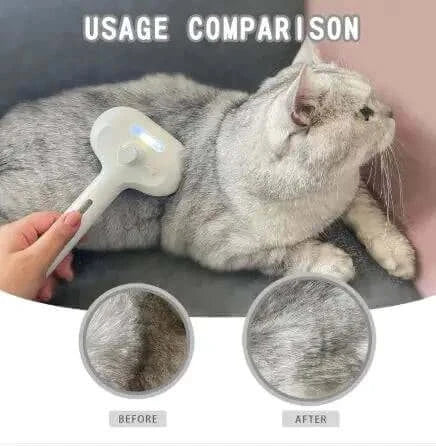 Before and after comparison showing the Steamy Brush Pet Spray removing loose hair from a cat's fur.