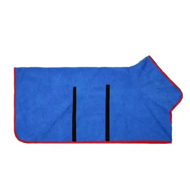 Blue Super Absorbent Pet Bathrobe Towel with red trim and Velcro closure for pets.
