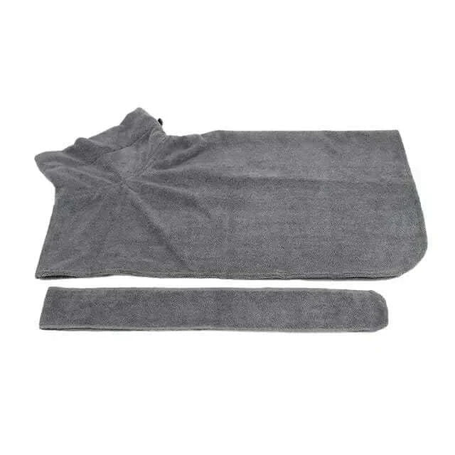 Super Absorbent Pet Bathrobe in gray, soft and adjustable for efficient drying of pets.