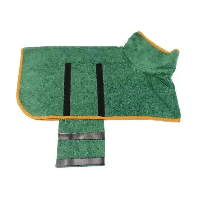 Super Absorbent Pet Bathrobe Towel in green, adjustable with velcro style for efficient drying.