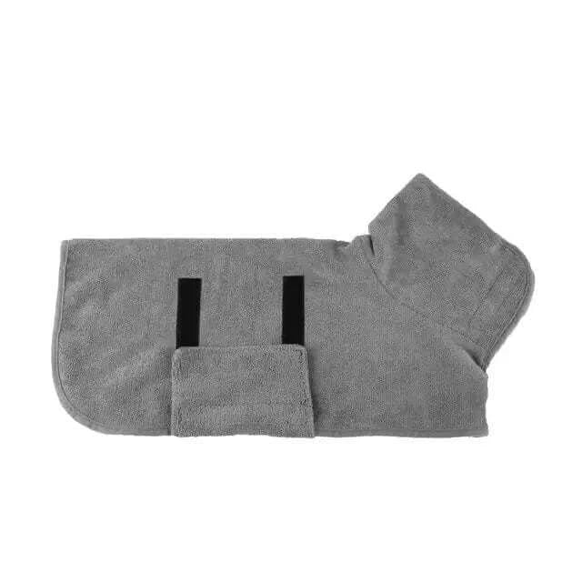 Super absorbent pet bathrobe towel in gray with Velcro closure for efficient drying and comfort.