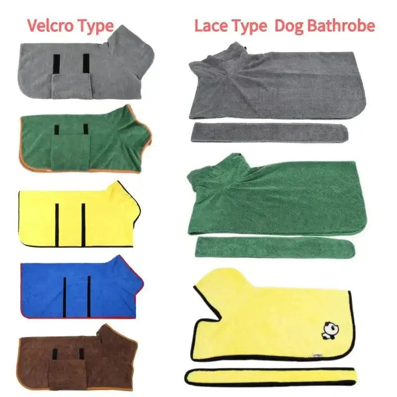 Super Absorbent Pet Bathrobe in various colors and sizes for efficient drying.