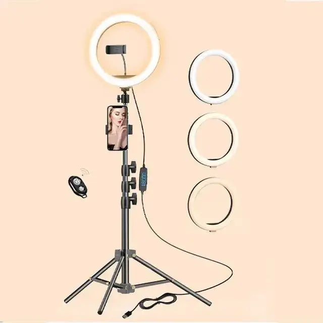 Dimmable LED technology 10.2 inch ring light with adjustable tripod, phone holders, and remote control for makeup and photography