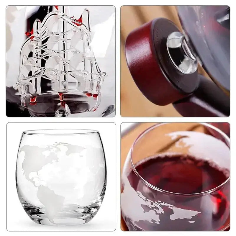 Whiskey Decanter Globe Glass Set with Sailboat Design and Wine Aerator