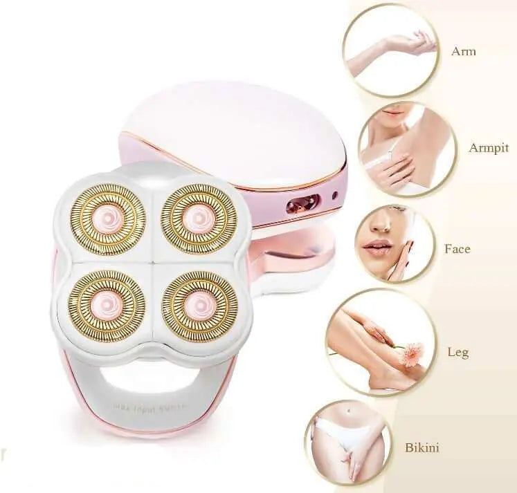 Portable Women Flawless Leg Hair Remover with four 18K gold plated blades and ergonomic handle, safe for all skin types.