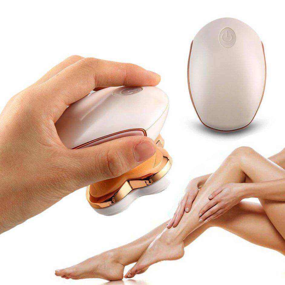 Portable women flawless leg hair remover with ergonomic handle, shown in use on legs.