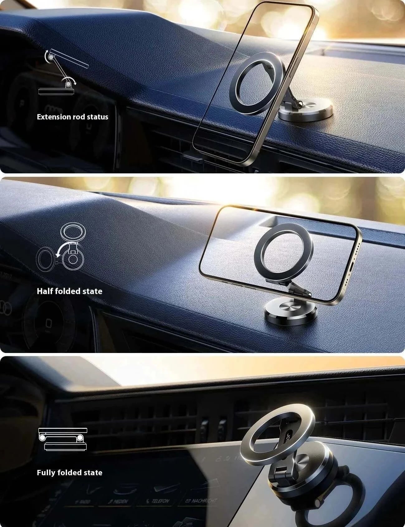 MagSafe Car Mount with 360° rotation and N55 magnets for secure iPhone attachment in vehicles.
