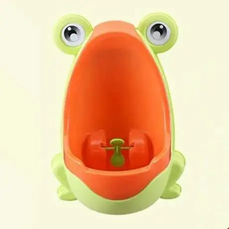 Kids wall-mounted frog-shaped potty training urinal with rotating windmill toy for toddlers.