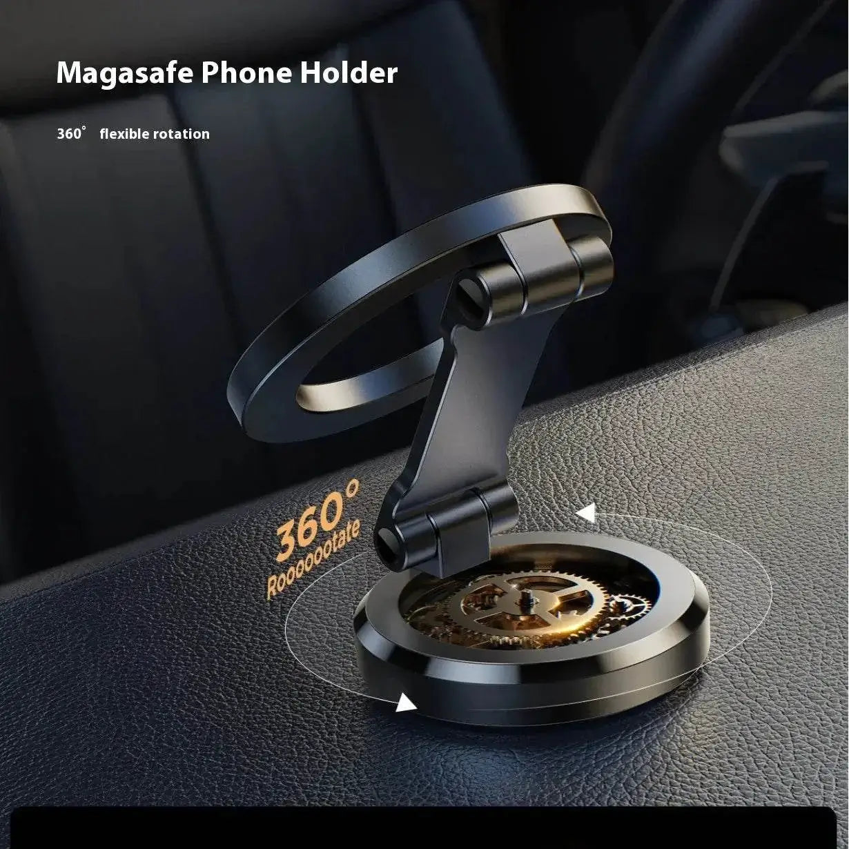 MagSafe car mount phone holder with 360° rotation and foldable design for secure iPhone attachment.
