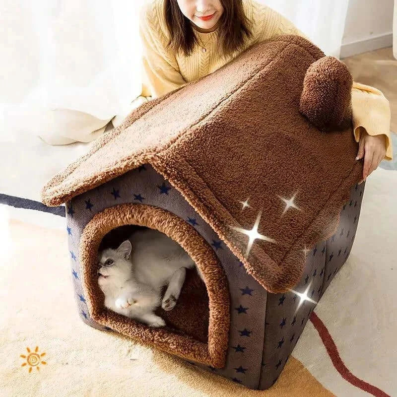 Soft Winter Dog Cat Bed House with plush cushion and heat-retaining design for pets.
