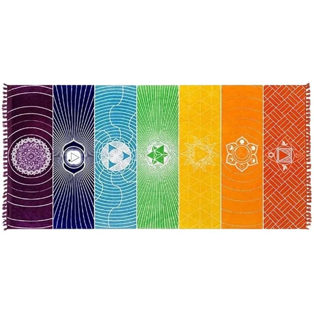 Polyester Bohemian Beach Yoga Mat with vibrant rainbow design and fringe details.