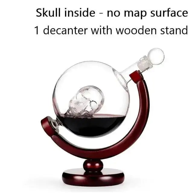 Whiskey Decanter Globe with skull design and wooden stand.