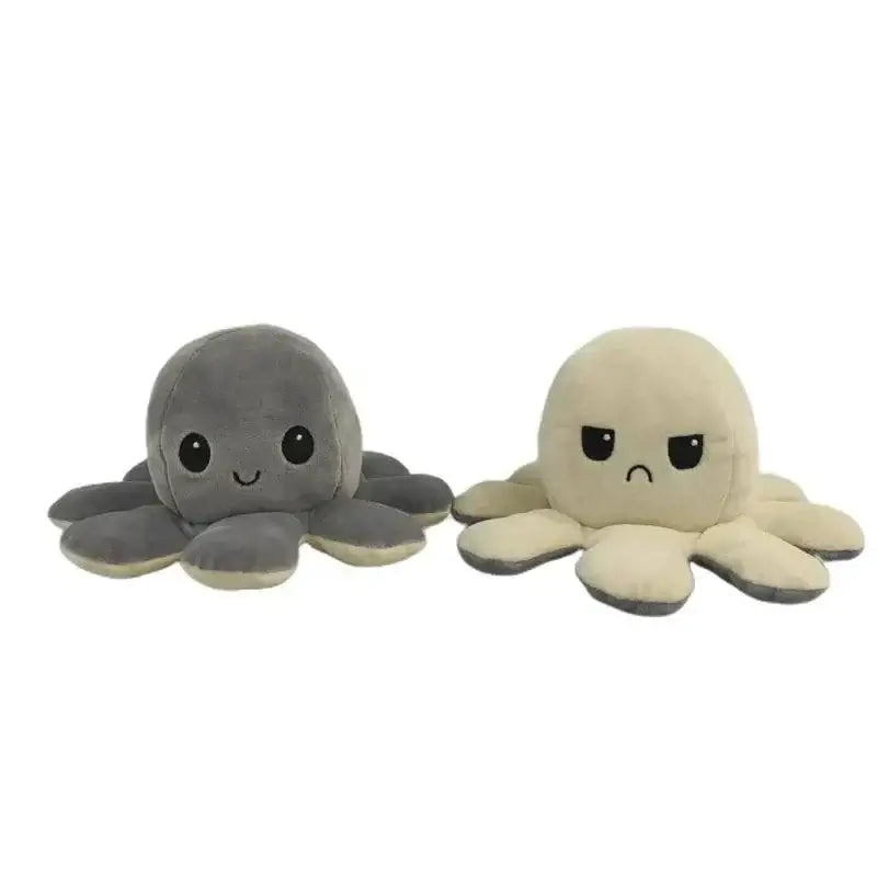 Double sided flip octopus plush toy with happy and angry faces, soft and cuddly emotion-expressing octopus stuffed animal.